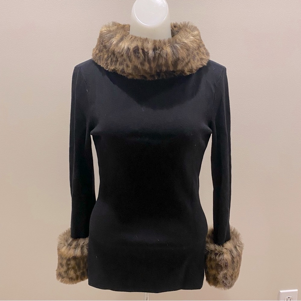 INC NWT Black Sweater with Faux Fur Trim Collar and Cuffs size M